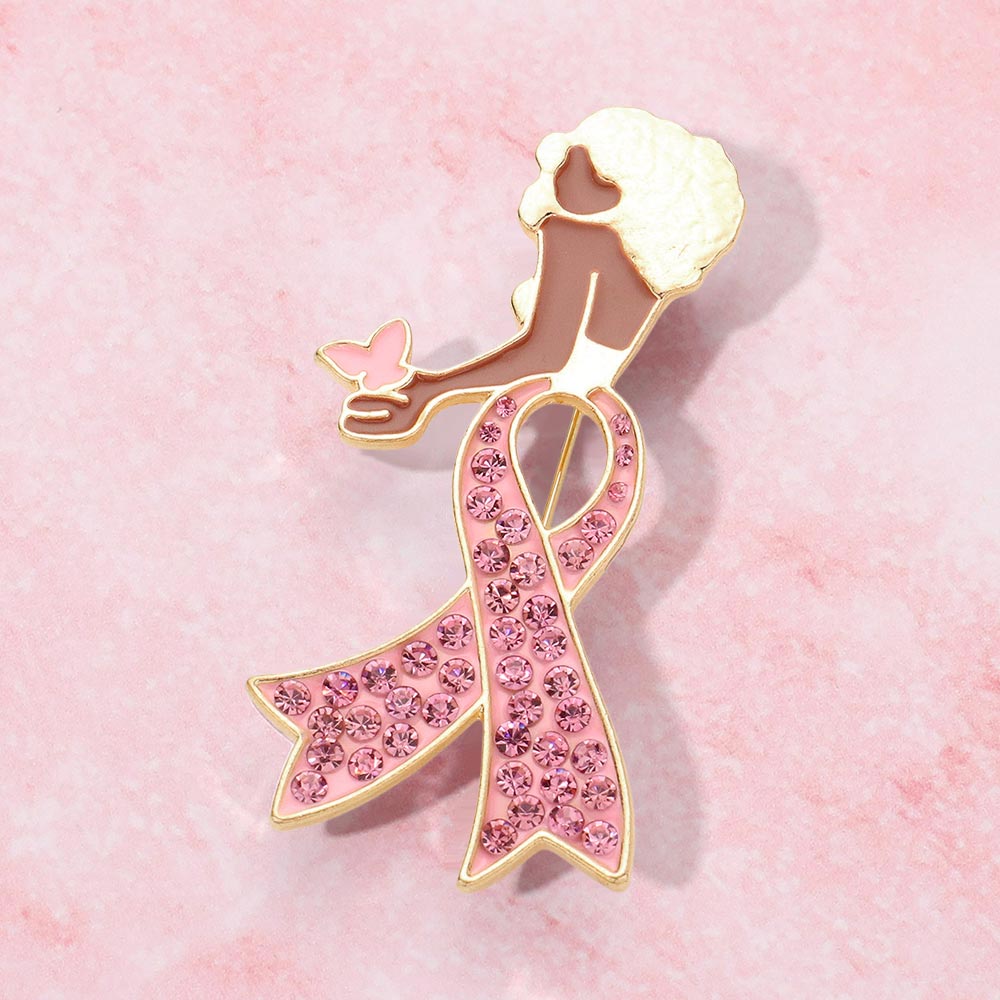 Gold, Light, Pink Stone Paved Pink Ribbon Enamel Afro Woman Pin Brooch