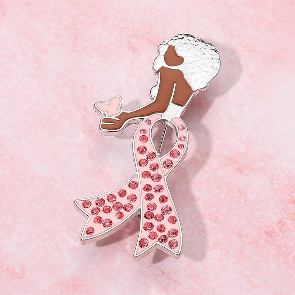 Light, Pink, Rhodium Stone Paved Pink Ribbon Enamel Afro Woman Pin Brooch
