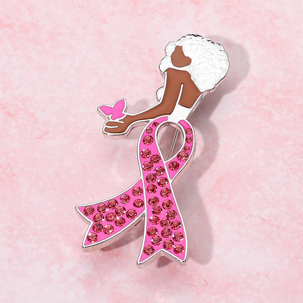Pink, Rhodium Stone Paved Pink Ribbon Enamel Afro Woman Pin Brooch