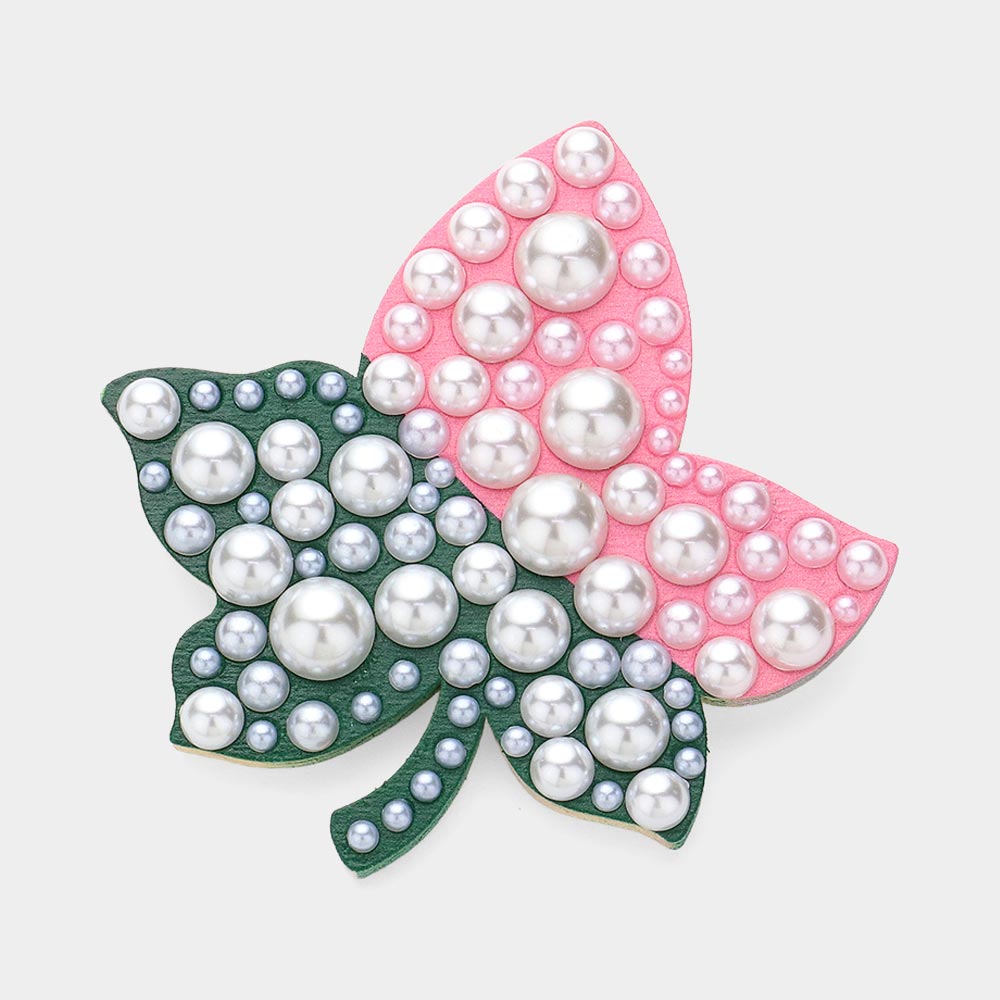 Madeline Love Pink&Green Pearl Embellished Leaf Pin Brooch - Brooches