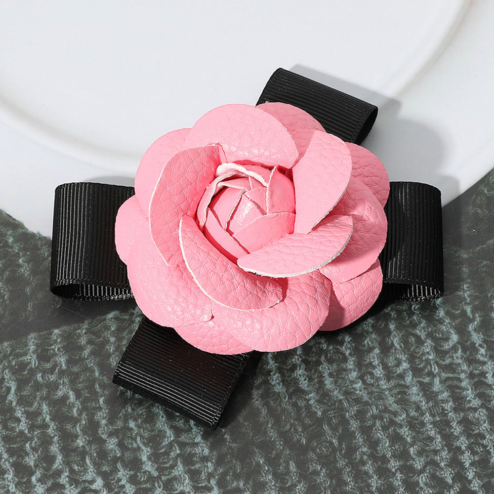 Madeline Love Pink Faux Leather Flower Bow Pin Brooch Hair Clip - Brooches