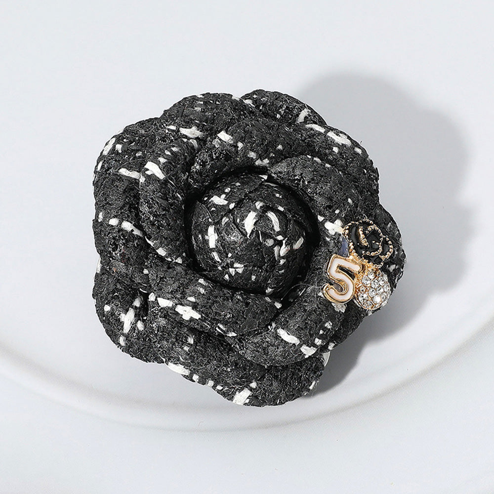 Madeline Love Black Enamel Flower Number Five Pointed Tweed Flower Pin Brooch Hair Clip - Brooches