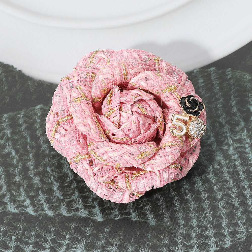 Madeline Love Pink Enamel Flower Number Five Pointed Tweed Flower Pin Brooch Hair Clip - Brooches