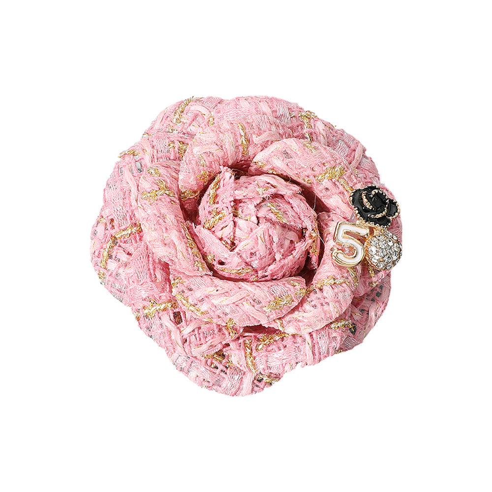 Madeline Love Pink Enamel Flower Number Five Pointed Tweed Flower Pin Brooch Hair Clip - Brooches - desc