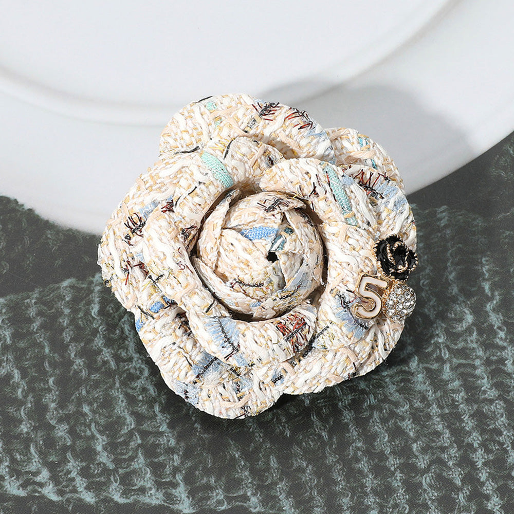 Madeline Love White Enamel Flower Number Five Pointed Tweed Flower Pin Brooch Hair Clip - Brooches