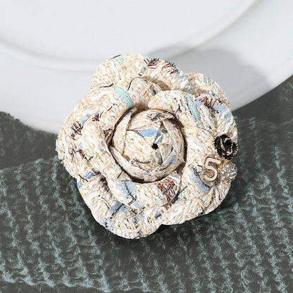 Madeline Love White Enamel Flower Number Five Pointed Tweed Flower Pin Brooch Hair Clip - Brooches