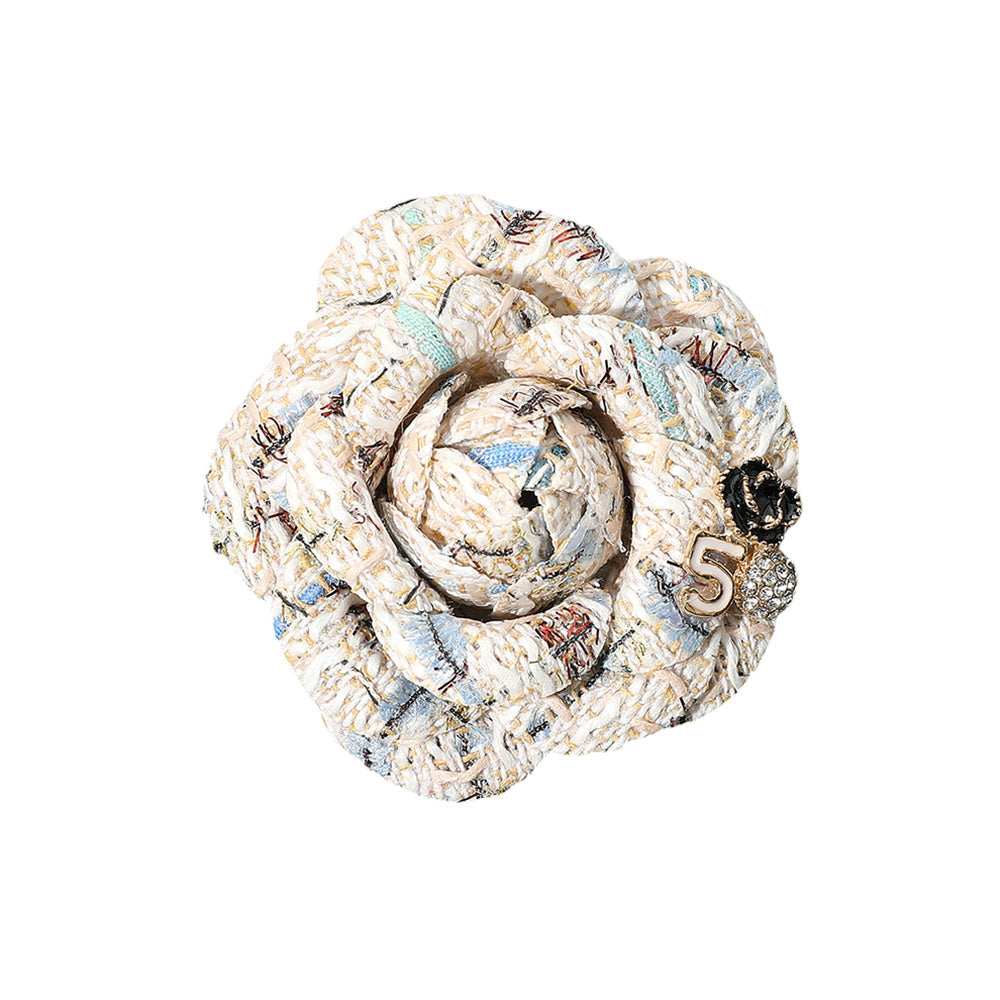 Madeline Love White Enamel Flower Number Five Pointed Tweed Flower Pin Brooch Hair Clip - Brooches - desc