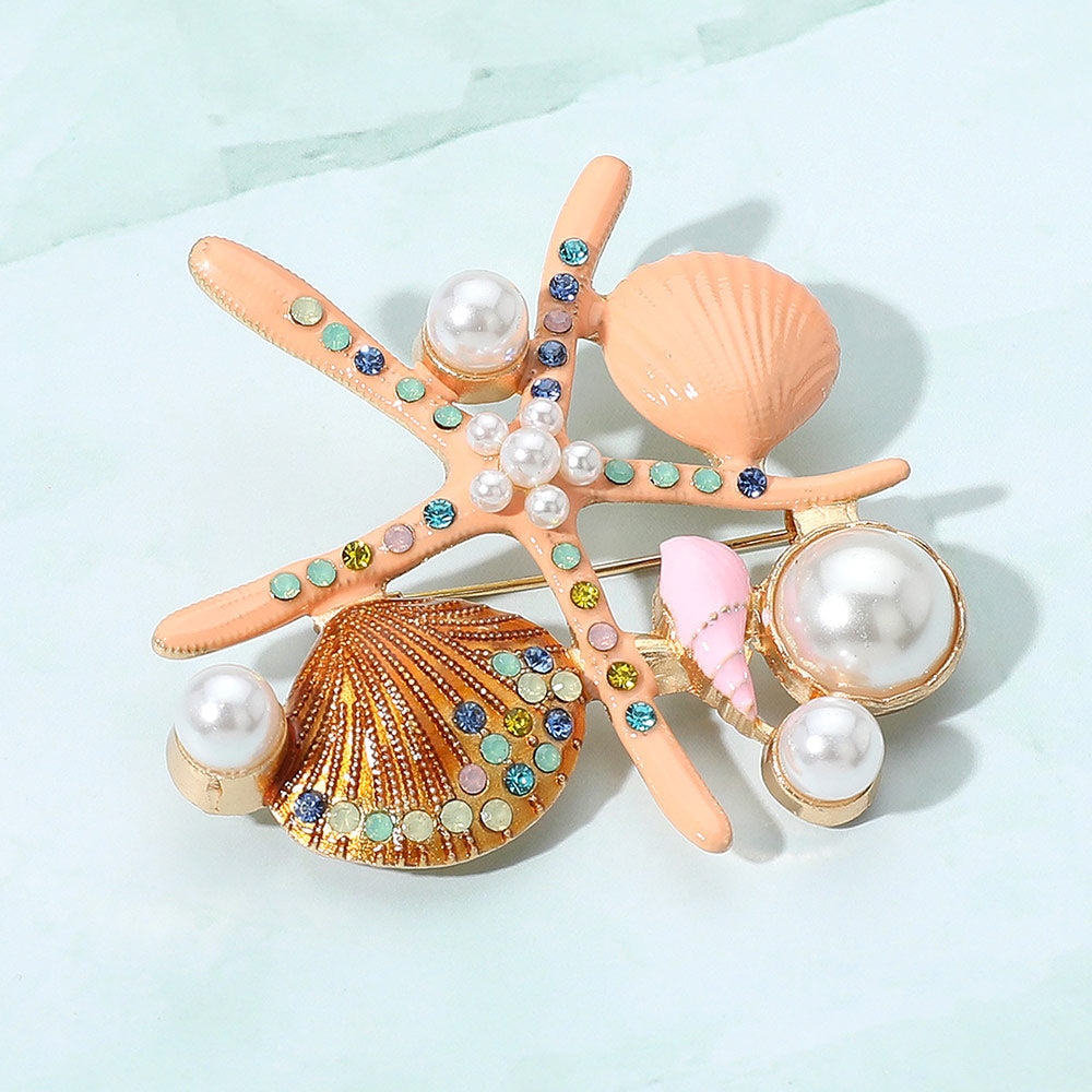 Madeline Love Coral Pearl Pointed Enamel Starfish Shell Pin Brooch - Brooches