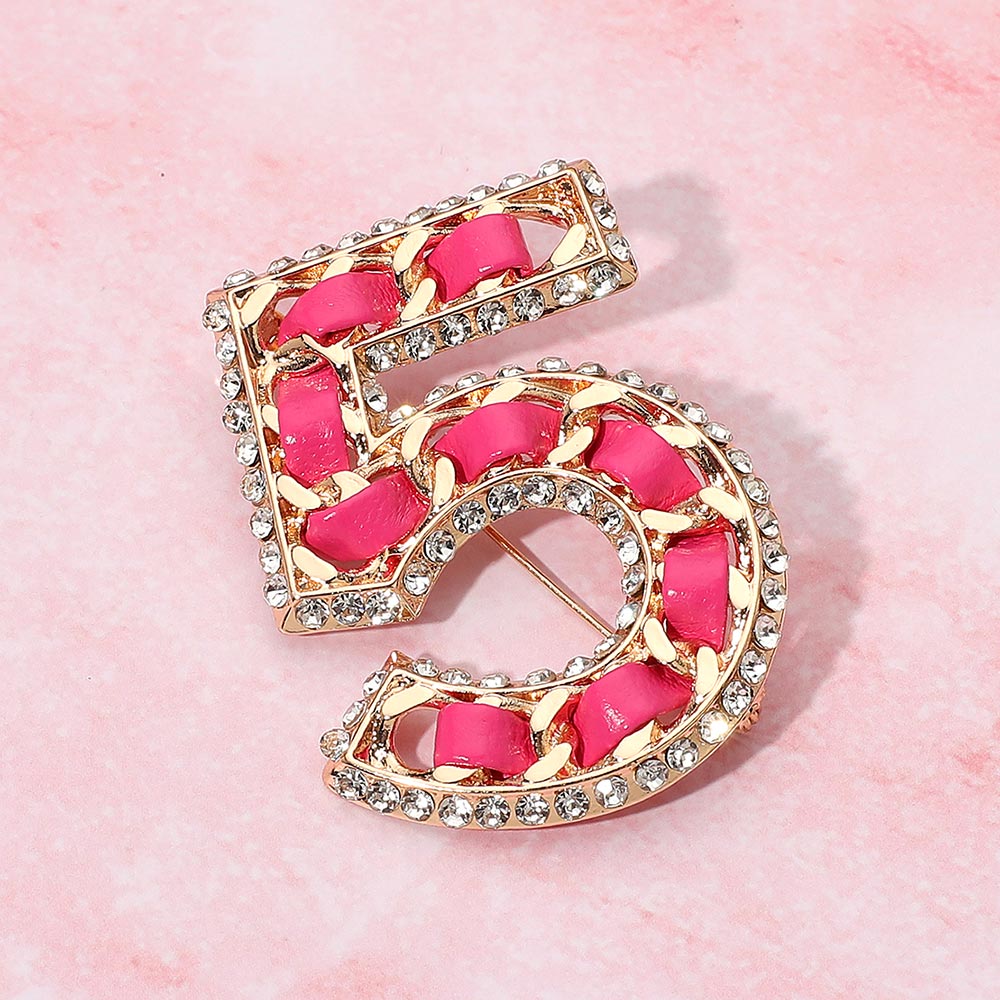 Madeline Love Gold, Pink Rhinestone Rim Faux Leather Threaded Number Five Pin Brooch - Brooches