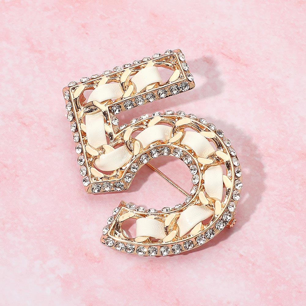 Madeline Love Gold, White Rhinestone Rim Faux Leather Threaded Number Five Pin Brooch - Brooches
