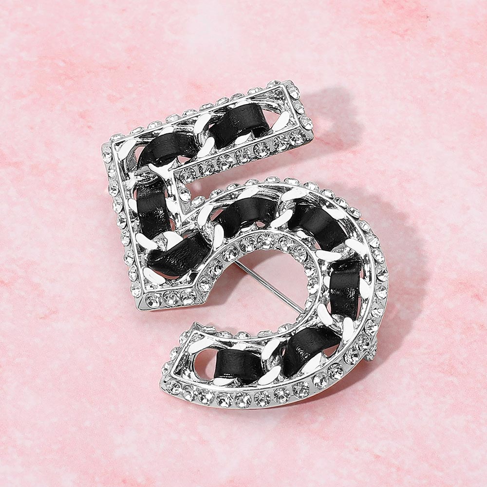 Madeline Love Black, Rhodium Rhinestone Rim Faux Leather Threaded Number Five Pin Brooch - Brooches