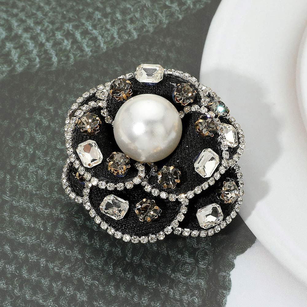 Madeline Love Black Rhinestone Embellished Pearl Accent Flower Pin Brooch / Hair Clip