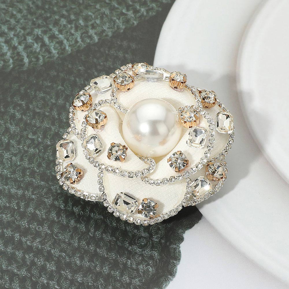 Madeline Love White Rhinestone Embellished Pearl Accent Flower Pin Brooch / Hair Clip