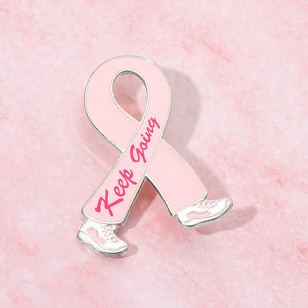 Rhodium KEEP GOING Pink Ribbon Pin Brooch