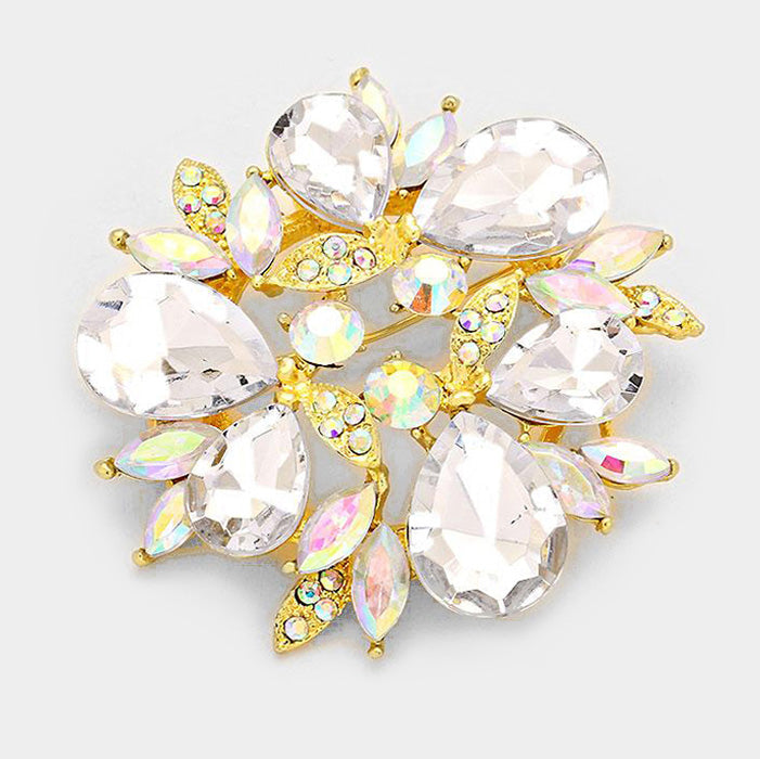 Madeline Love Gold, AB Glass Crystal Teardrop Wreath Pin Brooch - Brooches