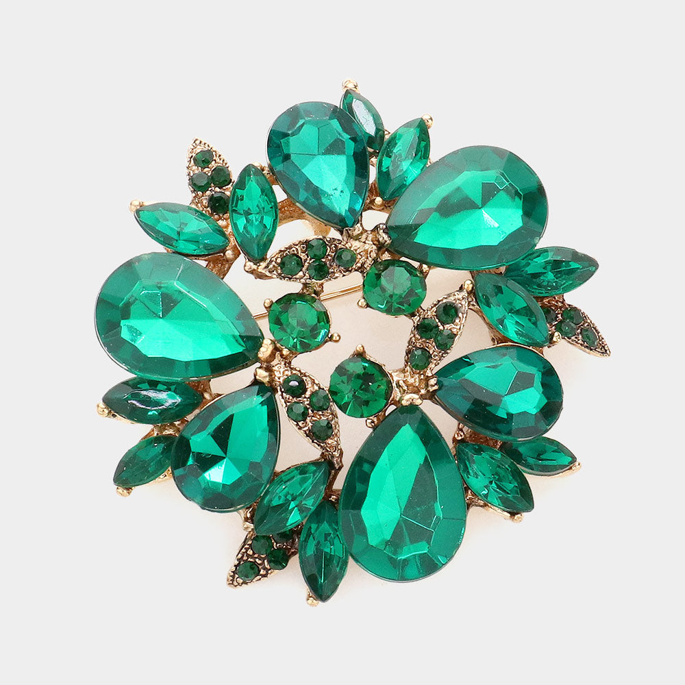 Madeline Love Emerald Glass Crystal Teardrop Wreath Pin Brooch - Brooches