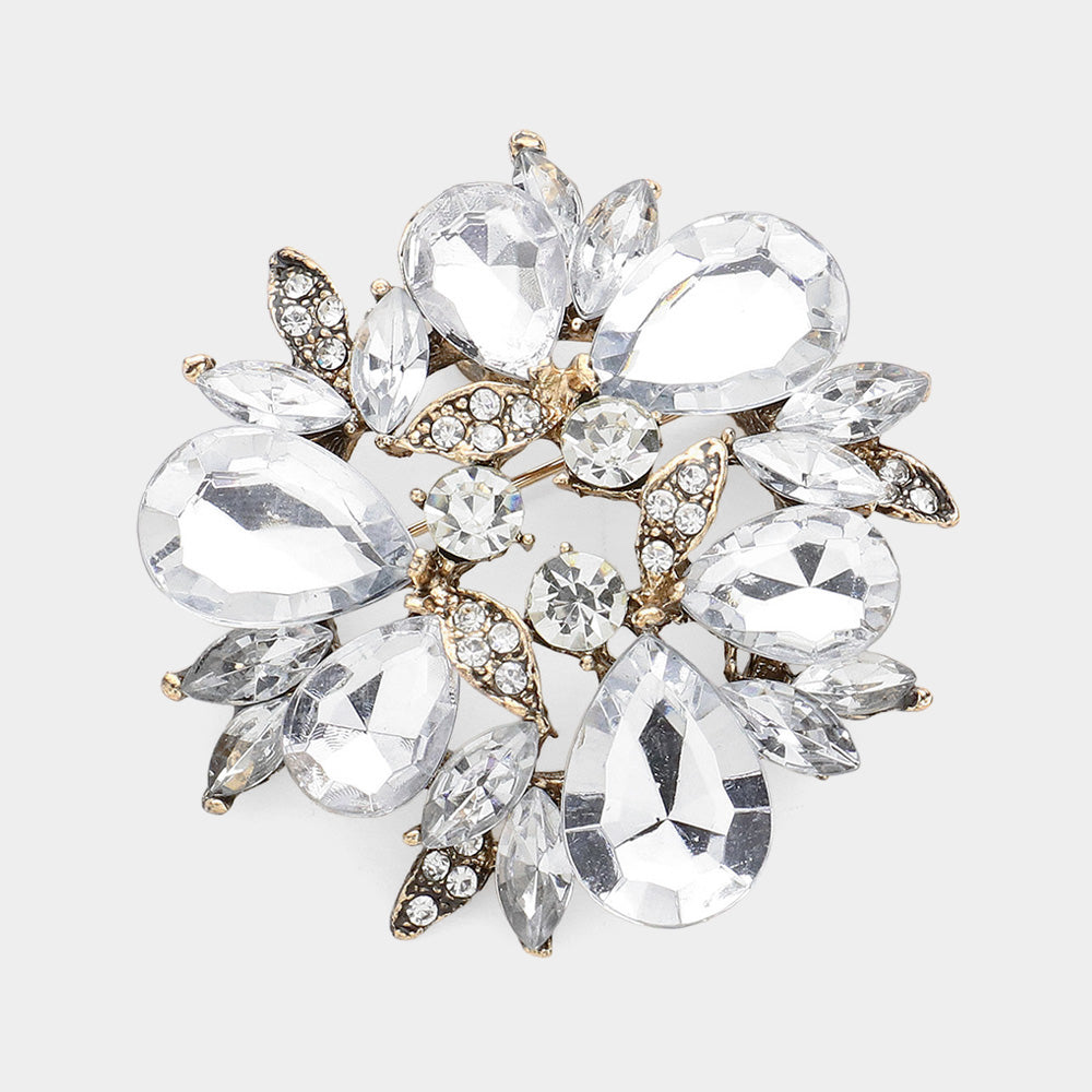 Madeline Love Clear, Gold Glass Crystal Teardrop Wreath Pin Brooch - Brooches