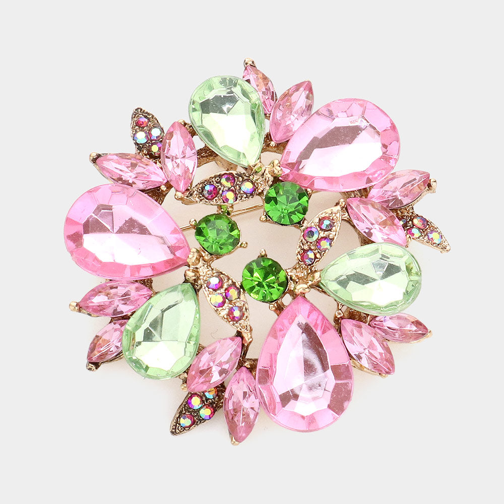 Madeline Love Pink&Green Glass Crystal Teardrop Wreath Pin Brooch - Brooches