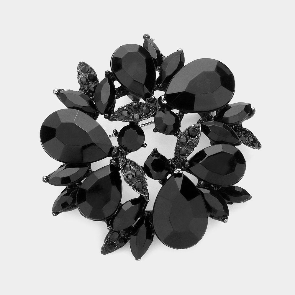 Madeline Love Jet Black Glass Crystal Teardrop Wreath Pin Brooch - Brooches