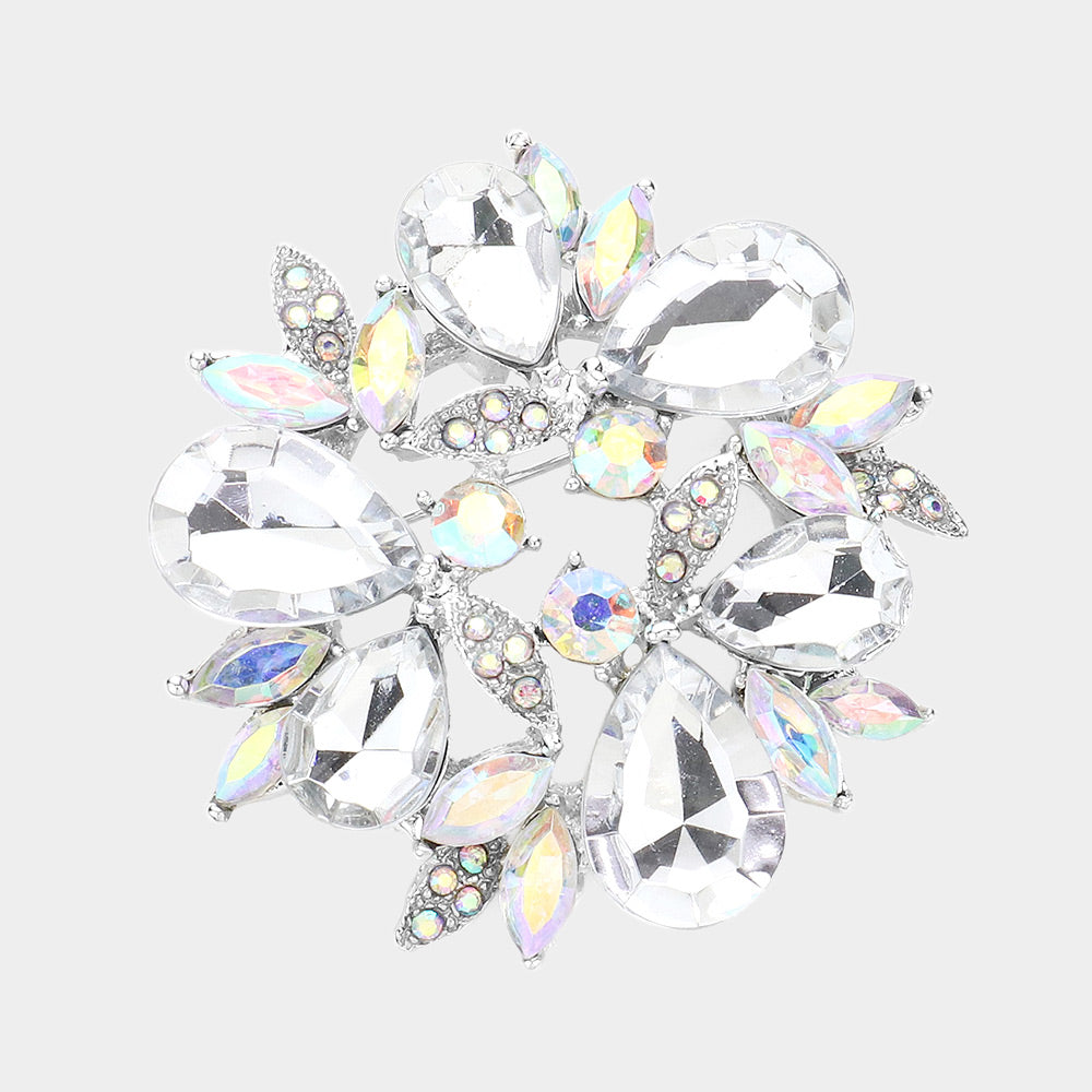 Madeline Love AB, Silver Glass Crystal Teardrop Wreath Pin Brooch - Brooches