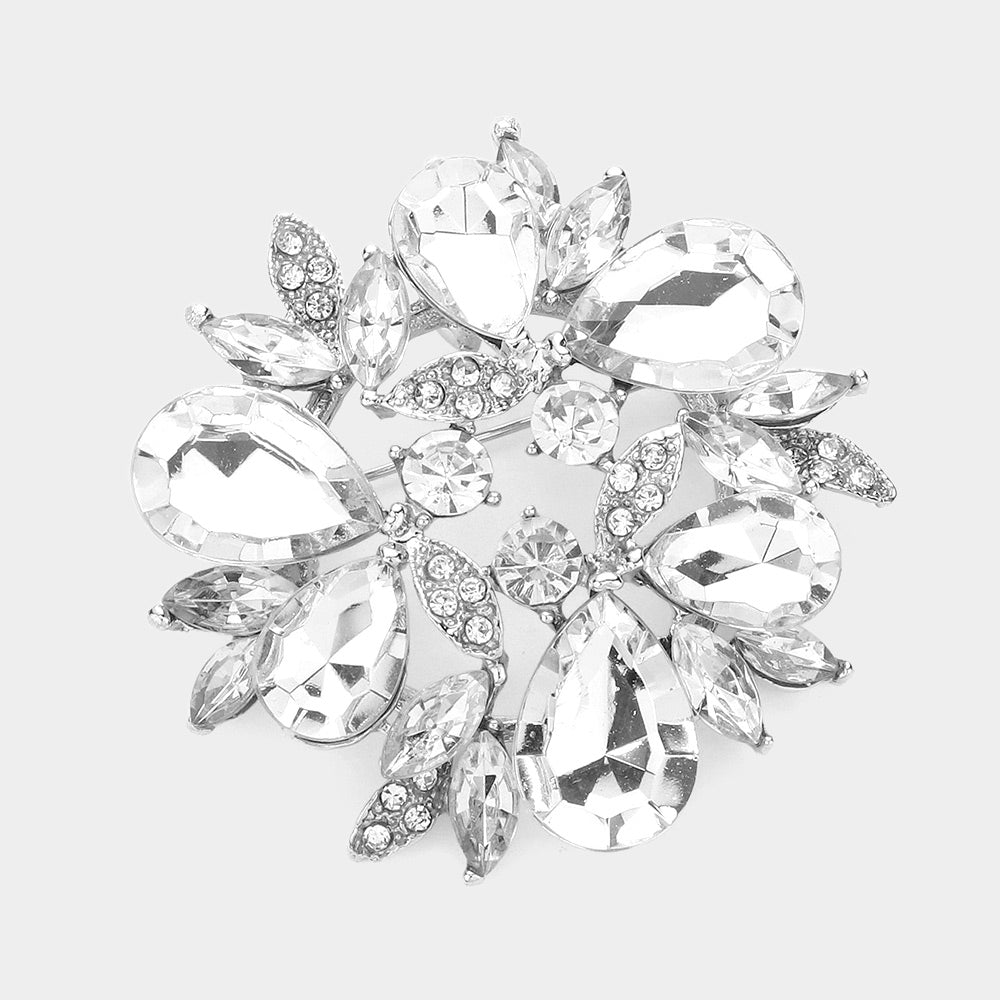 Madeline Love Silver Glass Crystal Teardrop Wreath Pin Brooch - Brooches