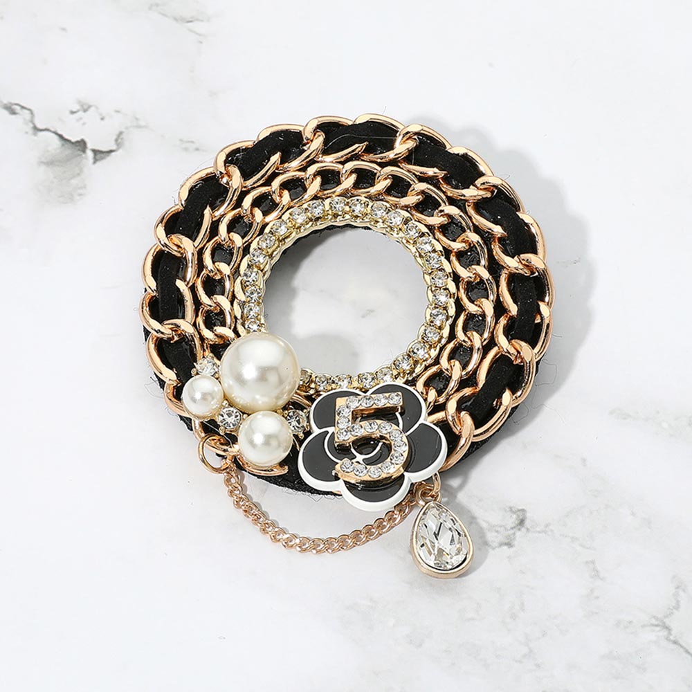 Madeline Love Black, Gold Pearl Floral Number 5 Charm Chain Ring Pin Brooch