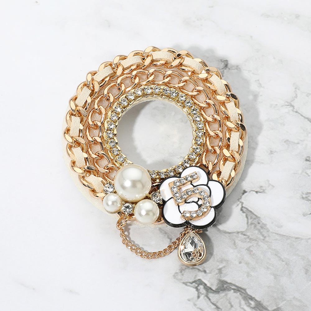 Madeline Love Gold, White Pearl Floral Number 5 Charm Chain Ring Pin Brooch