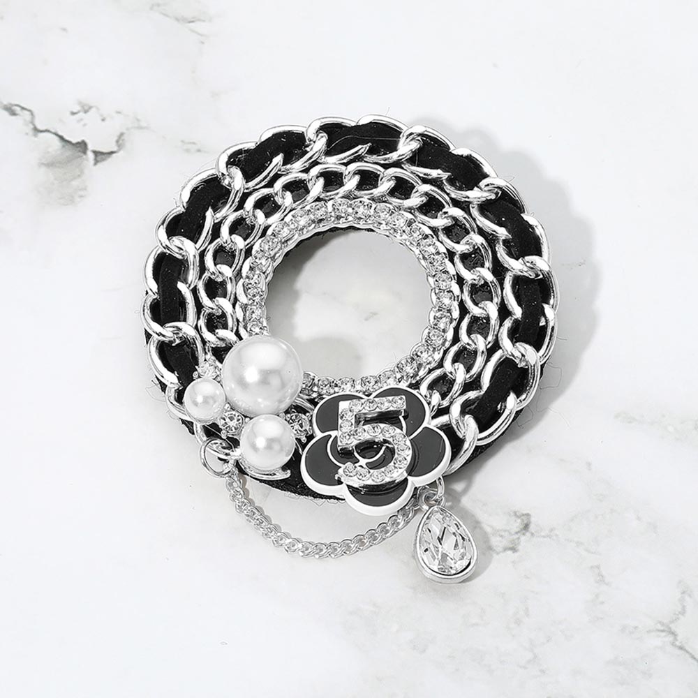 Madeline Love Black, Rhodium Pearl Floral Number 5 Charm Chain Ring Pin Brooch
