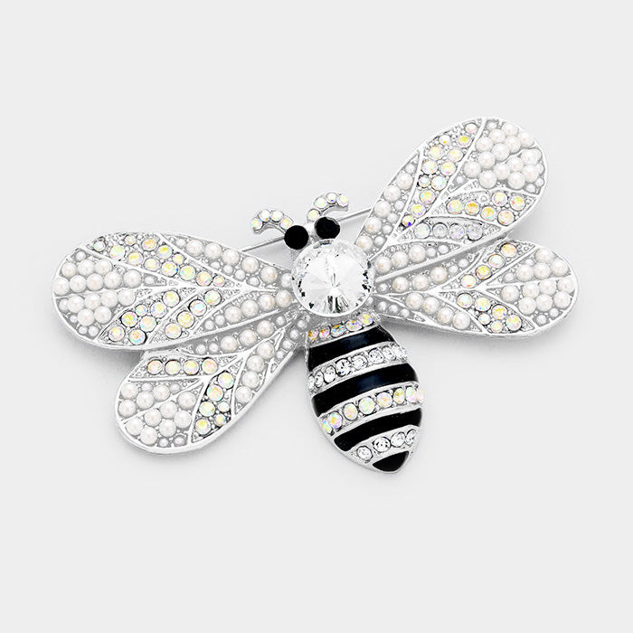Madeline Love AB, Silver Rhinestone Honey Bumble Bee Pin Brooch - Brooches