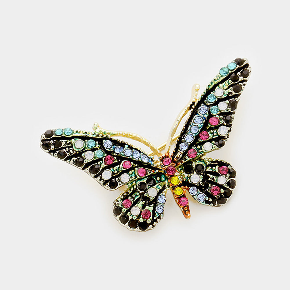 Madeline Love Blue, Fuchsia, Jet Black Crystal Rhinestone Paved Butterfly Pin Brooch - Brooches
