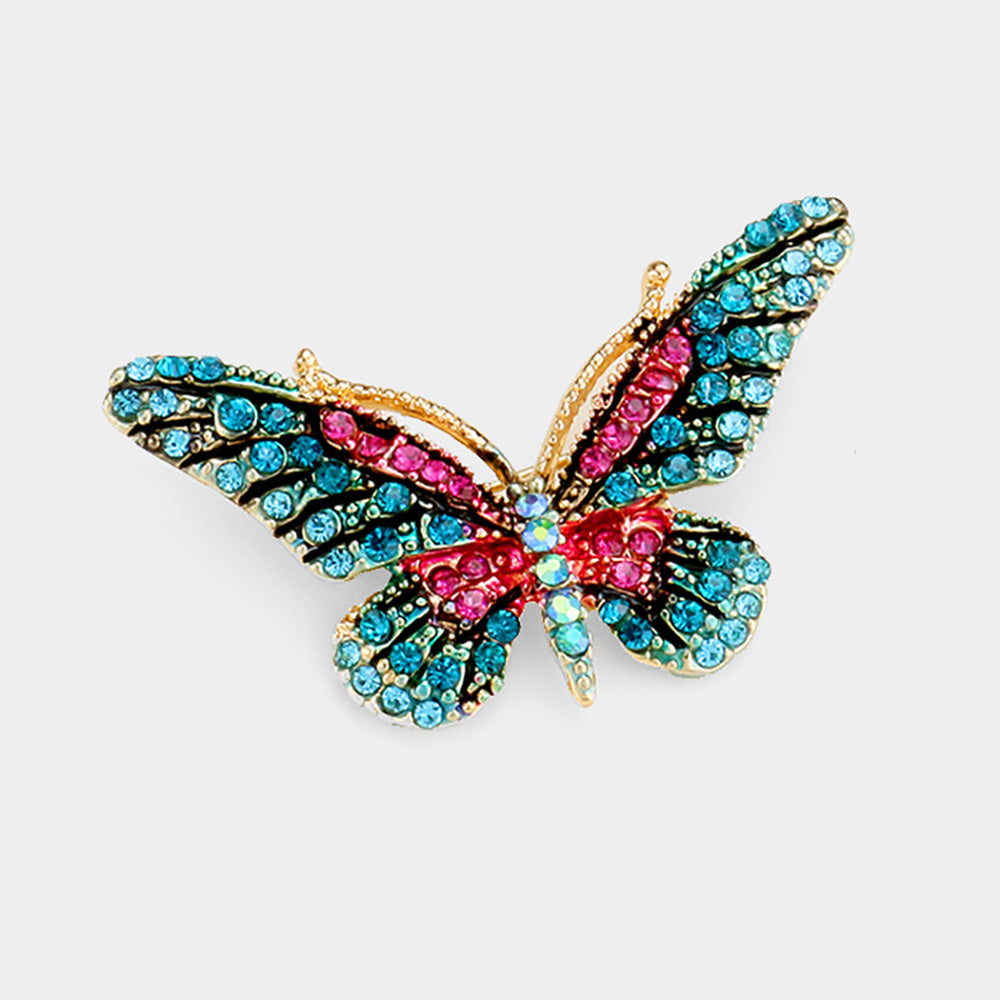 Madeline Love Blue, Fuchsia Crystal Rhinestone Pave Butterfly Pin Brooch - Brooches