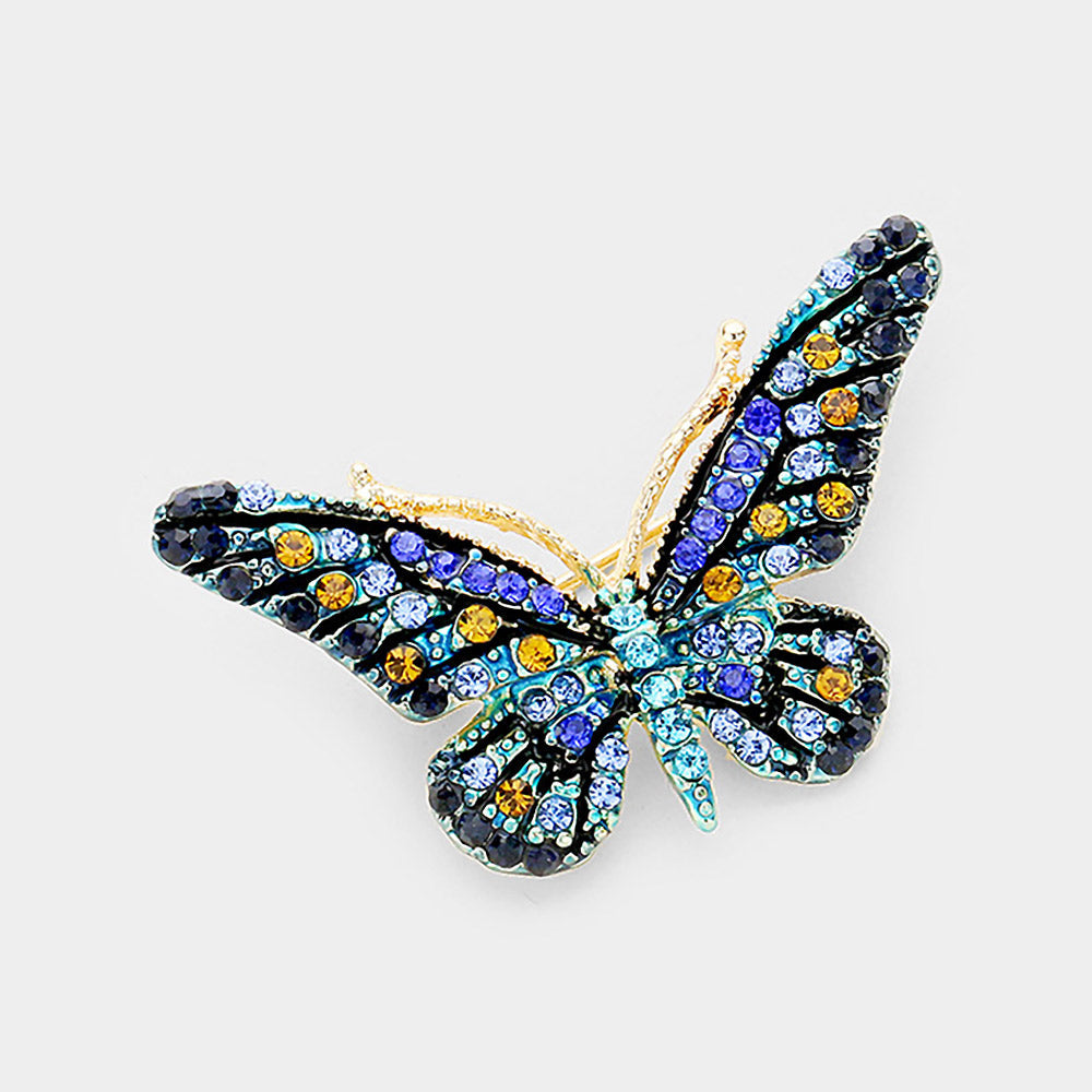 Madeline Love Blue Crystal Rhinestone Paved Butterfly Pin Brooch - Brooches