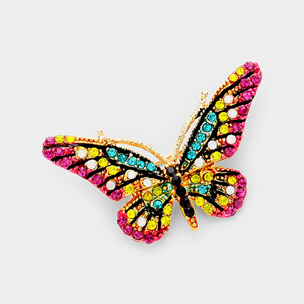 Madeline Love Blue, Fuchsia, Yellow Crystal Rhinestone Paved Butterfly Pin Brooch - Brooches