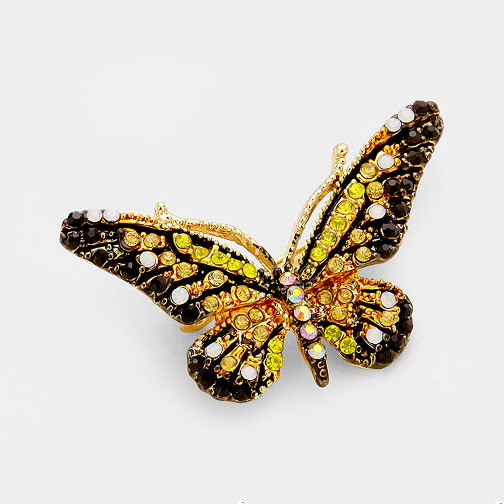 Madeline Love Brown, Gold Crystal Rhinestone Pave Butterfly Pin Brooch - Brooches