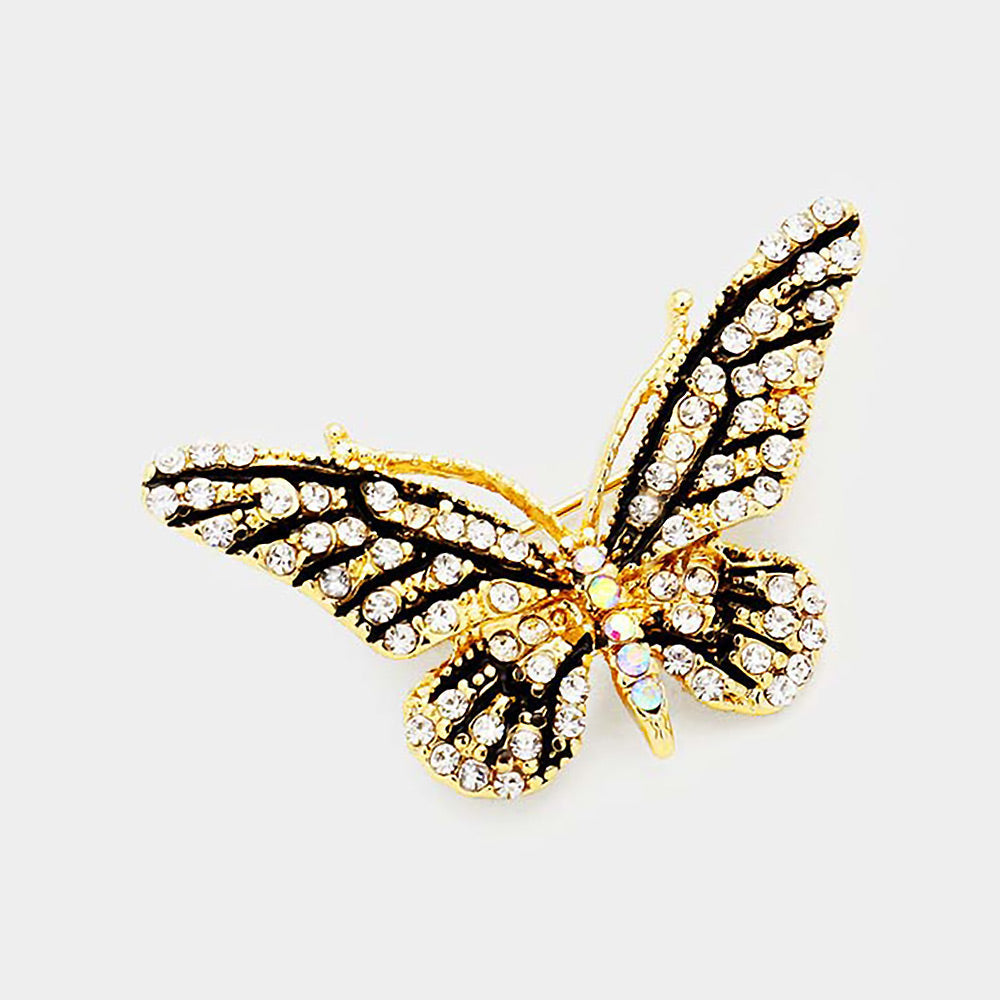 Madeline Love Clear, Gold Crystal Rhinestone Paved Butterfly Pin Brooch - Brooches