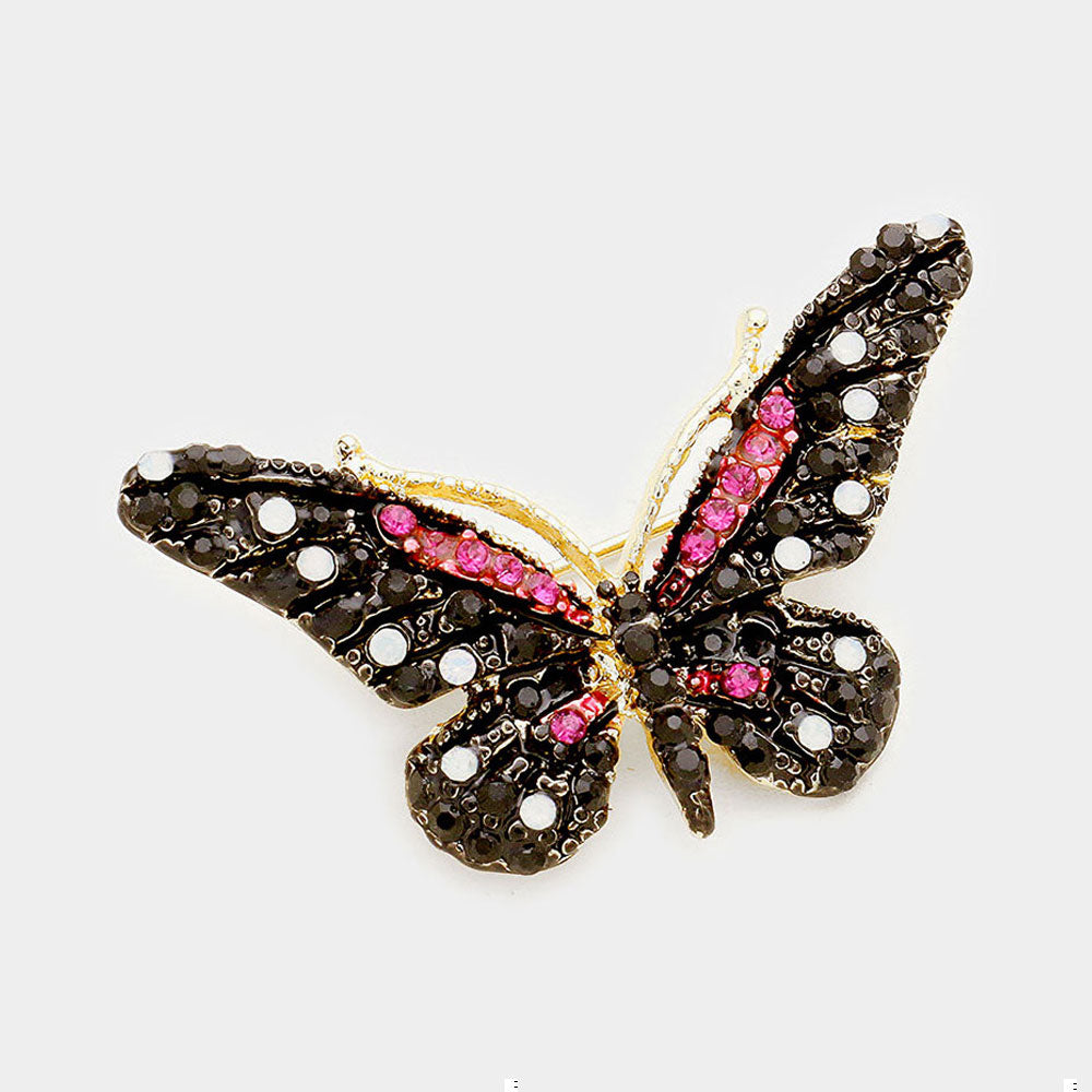 Madeline Love Fuchsia, Gold, Jet Black Crystal Rhinestone Pave Butterfly Pin Brooch - Brooches