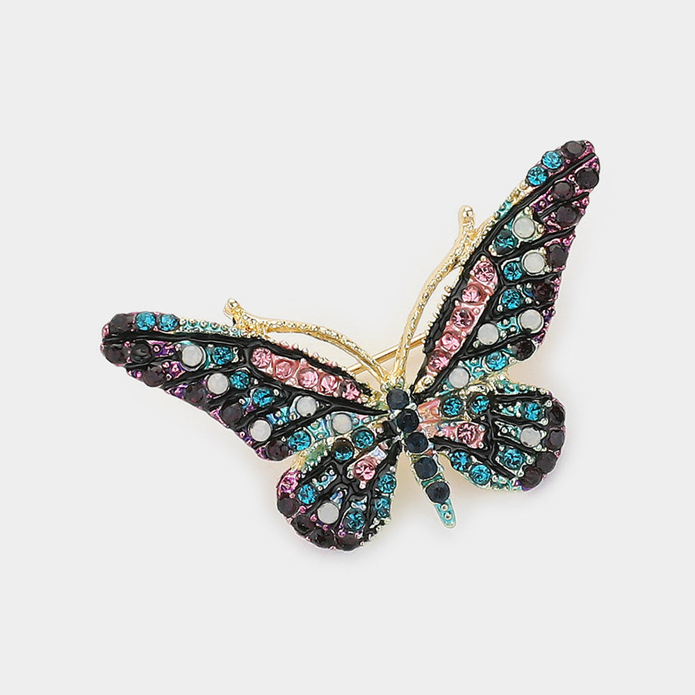 Madeline Love Gold, Multi Crystal Rhinestone Paved Butterfly Pin Brooch - Brooches