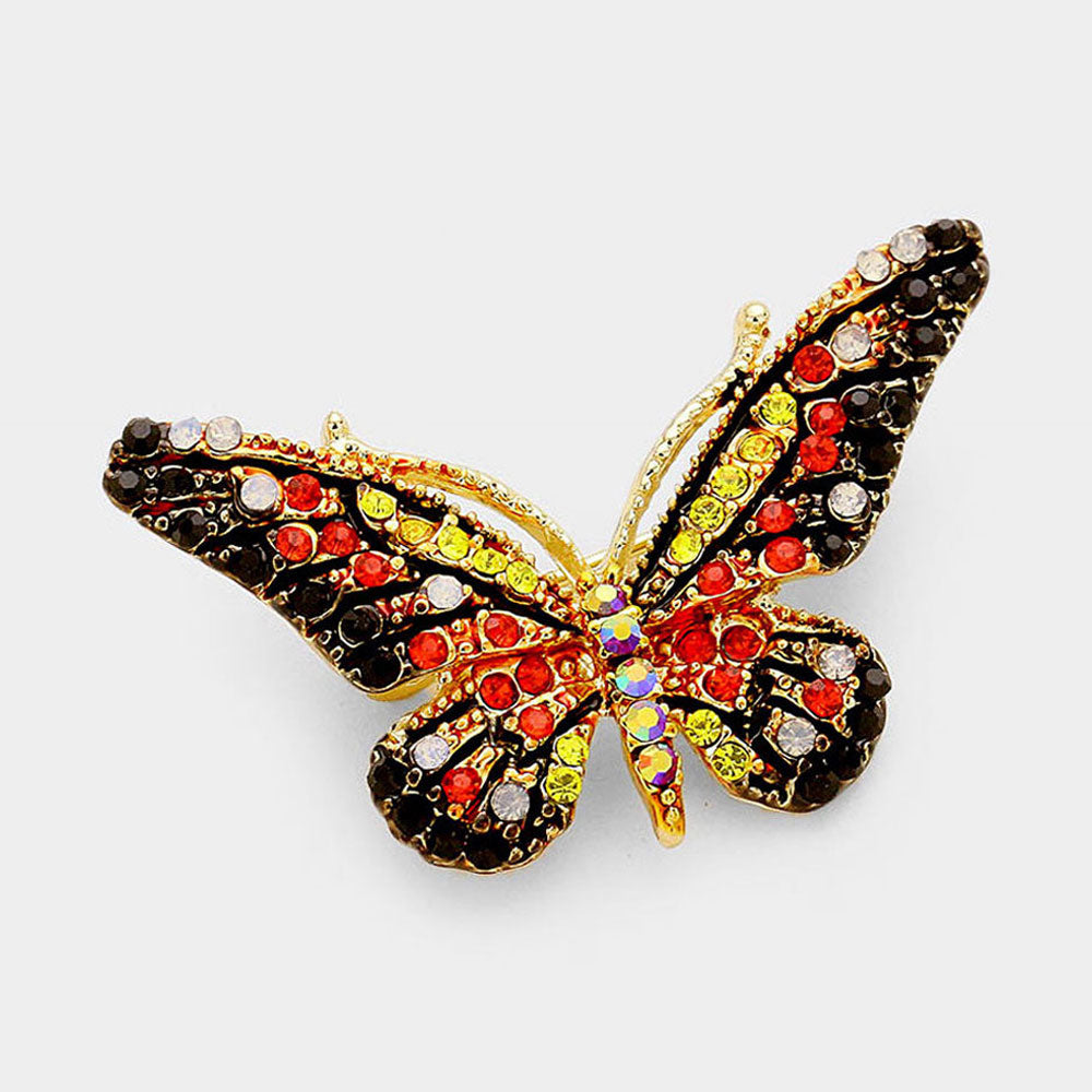 Madeline Love Jet Black, Red, Yellow Crystal Rhinestone Paved Butterfly Pin Brooch - Brooches
