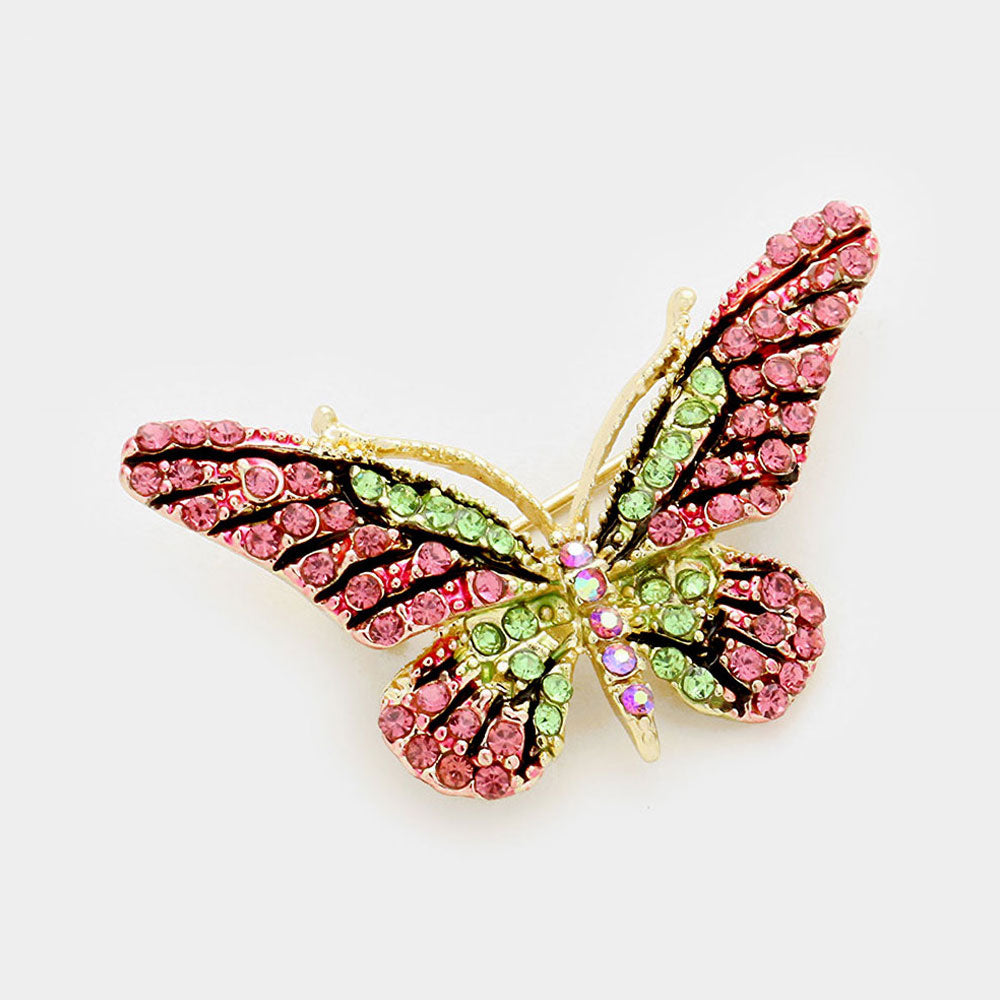 Madeline Love Pink&Green Crystal Rhinestone Pave Butterfly Pin Brooch - Brooches