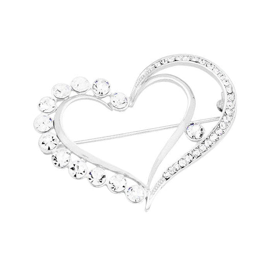 Rhodium-Clear-Stone Trimmed Heart Pin Brooch is the perfect addition to any outfit. Sparkling stones add a touch of glamour, while the heart shape offers a subtle yet romantic touch. Expertly crafted, this brooch is a must-have accessory for any fashion-forward individual.
