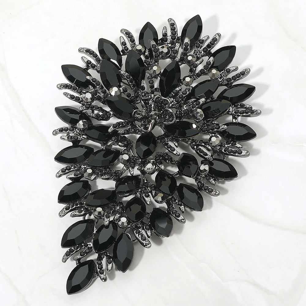 Madeline Love Black, Jet Black Flower Centered Marquise Stone Cluster Vine Pin Brooch - Brooches