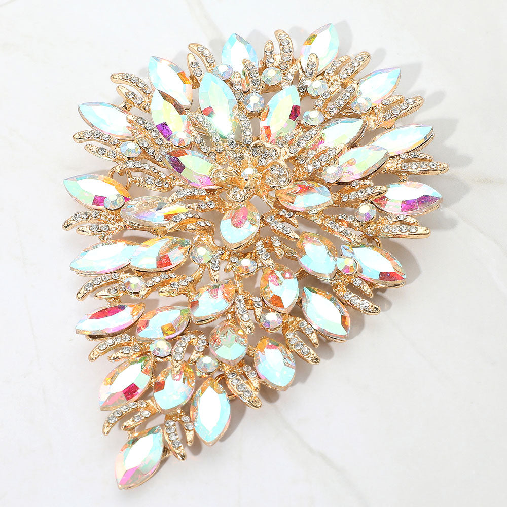 Madeline Love AB, Gold Flower Centered Marquise Stone Cluster Vine Pin Brooch - Brooches