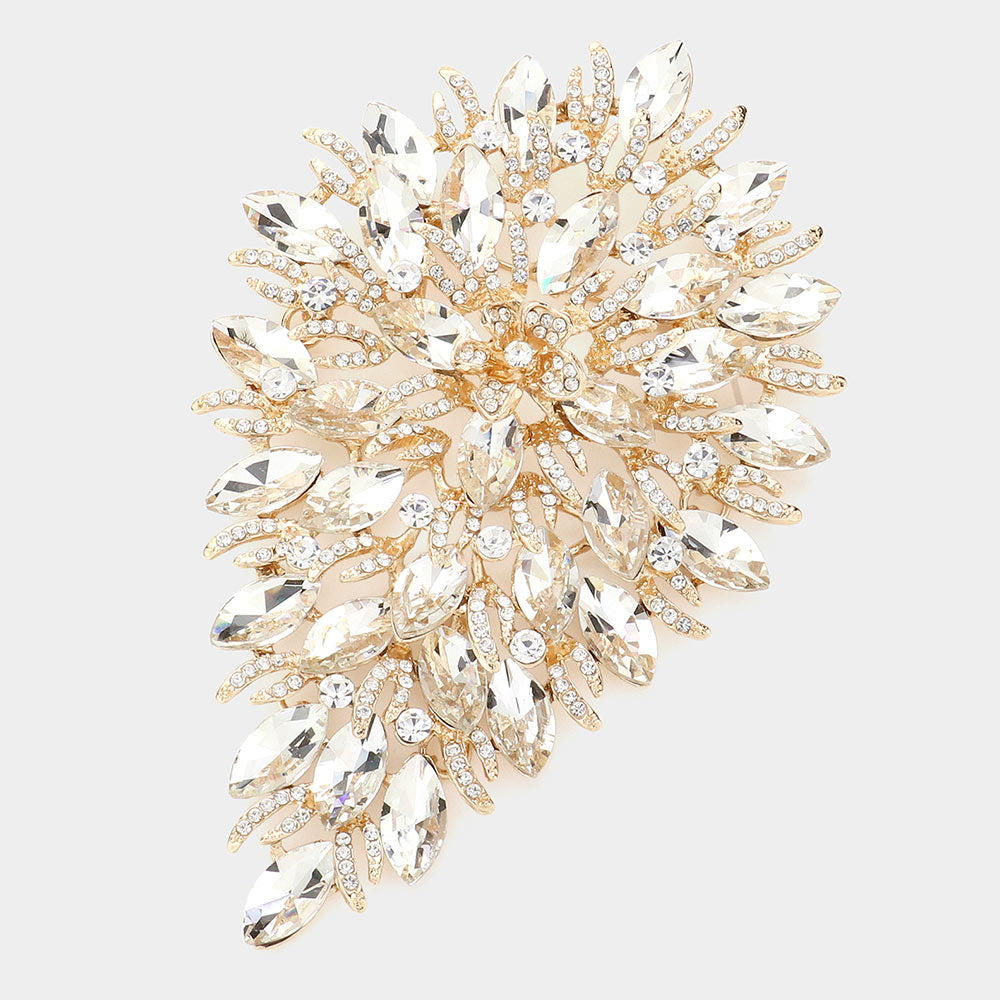 Madeline Love Gold Flower Centered Marquise Stone Cluster Vine Pin Brooch - Brooches