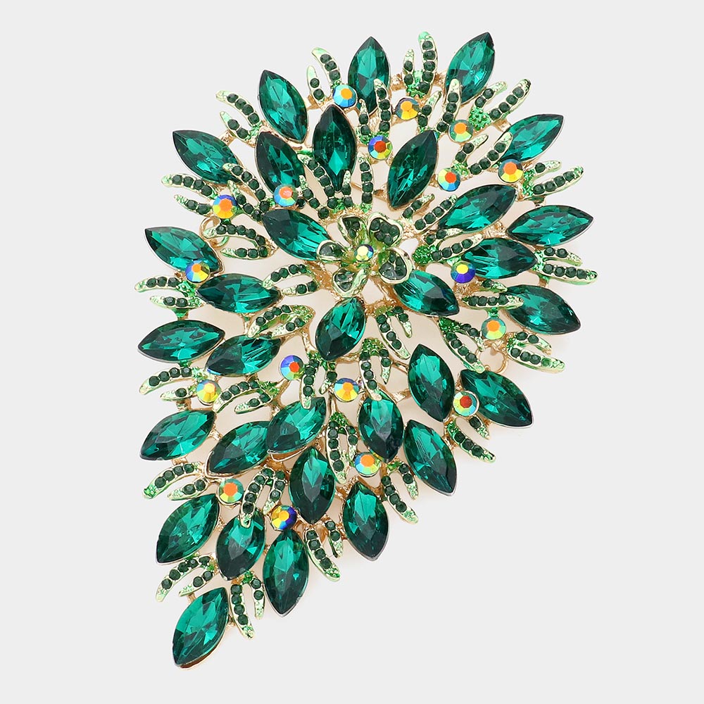 Madeline Love Gold, Green Flower Centered Marquise Stone Cluster Vine Pin Brooch - Brooches