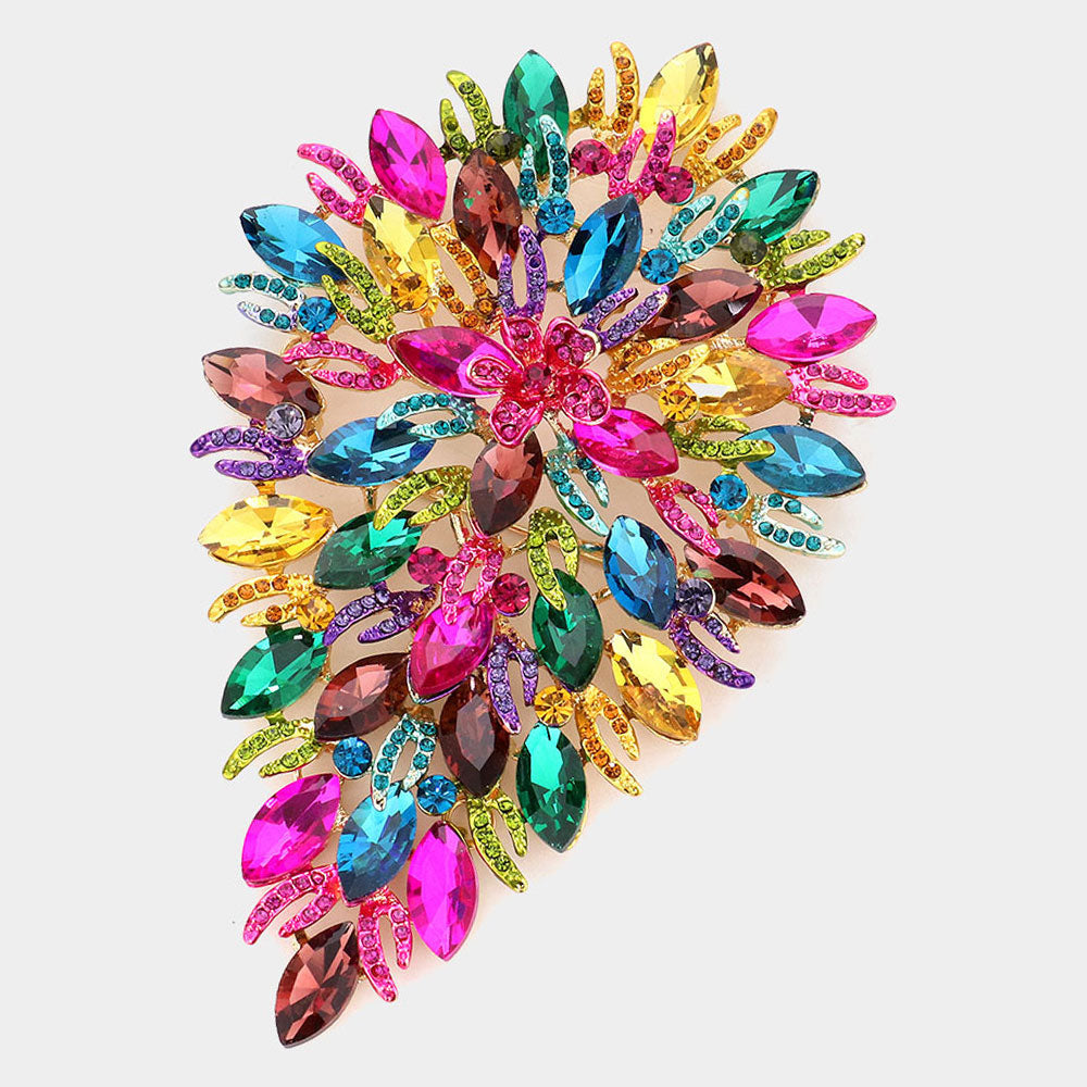 Madeline Love Gold, Multi Flower Centered Marquise Stone Cluster Vine Pin Brooch - Brooches