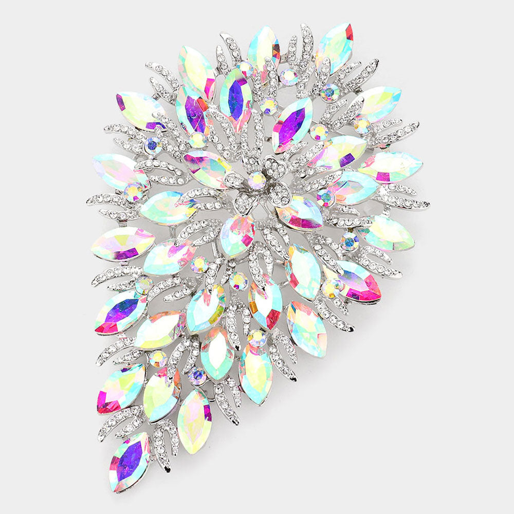 Madeline Love AB, Rhodium Flower Centered Marquise Stone Cluster Vine Pin Brooch - Brooches