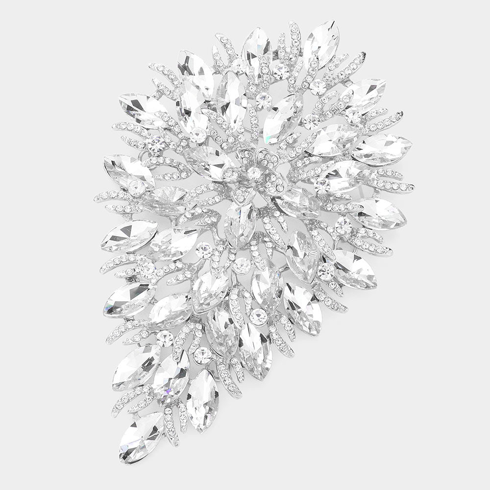Madeline Love Rhodium Flower Centered Marquise Stone Cluster Vine Pin Brooch - Brooches