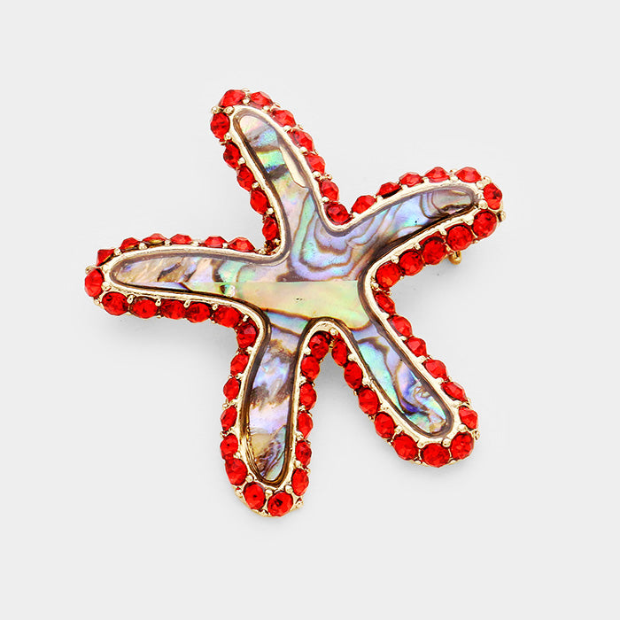 Madeline Love Abalone, Red Stone Trim Abalone Starfish Pin Brooch - Brooches