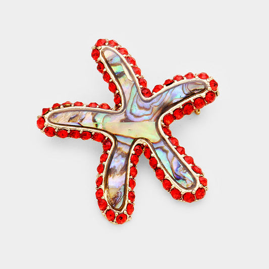 Madeline Love Abalone, Red Stone Trim Abalone Starfish Pin Brooch - Brooches