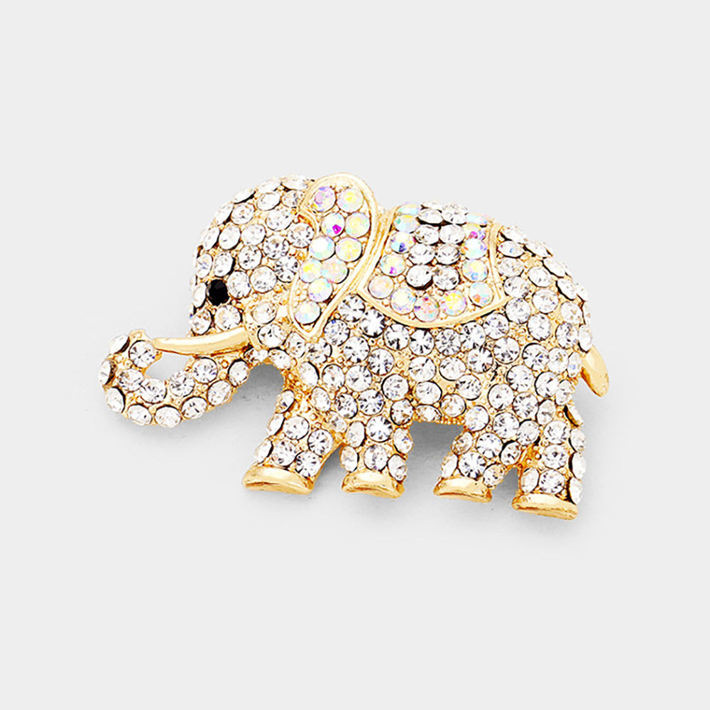 Madeline Love AB, Clear, Gold Stone Paved Elephant Pin Brooch - Brooches